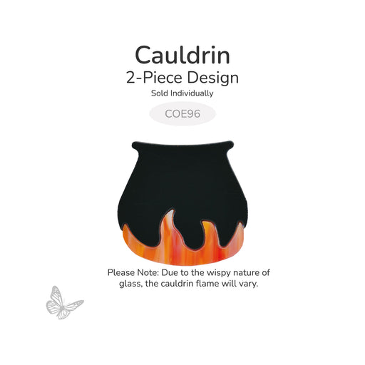 Precut COE96 cauldron glass design featuring a black cauldron with layered orange wispy flames below. Two-piece Halloween-themed fused glass design; flame pattern will vary naturally.