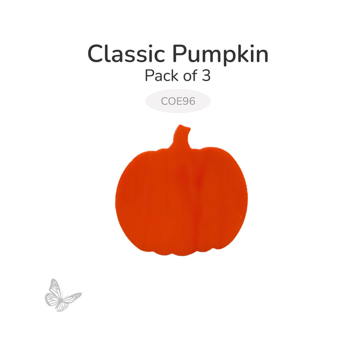 Pack of three precut Classic Pumpkin glass shapes for COE96 fused glass projects. Each pumpkin is precision waterjet cut from Oceanside orange fusible glass with a traditional rounded pumpkin silhouette.