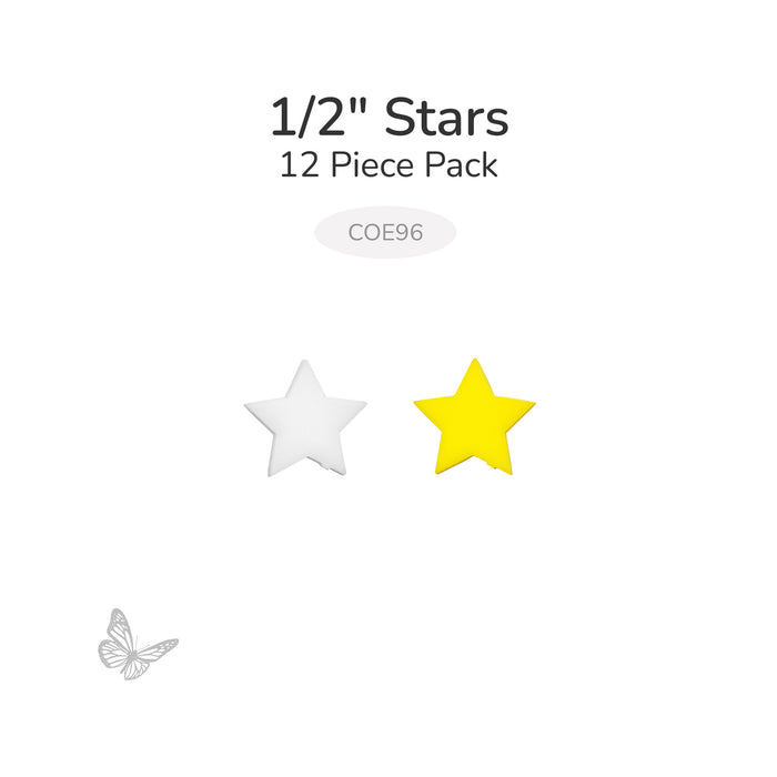 Packaging for precut fusible glass 1/2" stars with a white star and yellow star on a white background. COE96