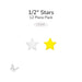 Packaging for precut fusible glass 1/2" stars with a white star and yellow star on a white background. COE96