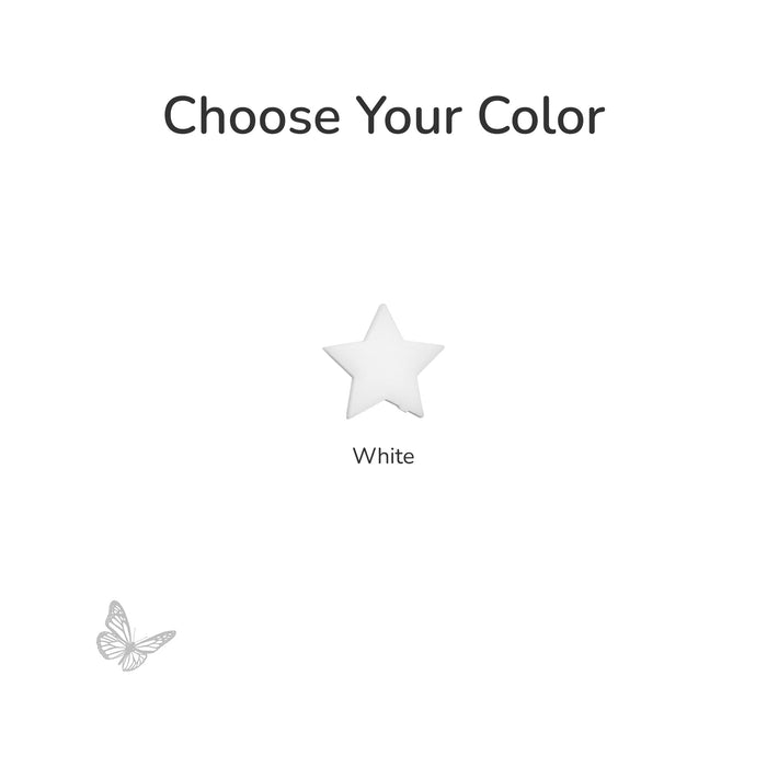 Color selection screen with a precut fusible glass white star and butterfly icon on a white background. COE96