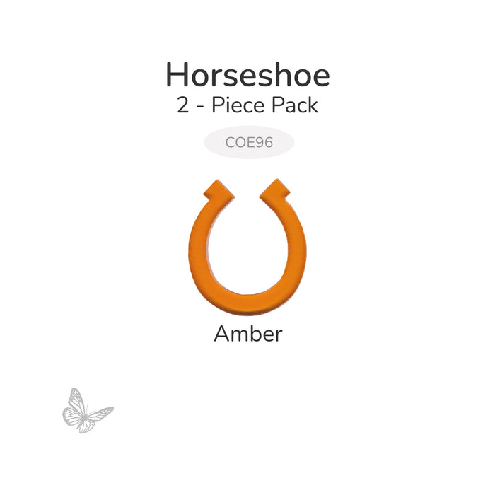 Amber horseshoe-shaped fusible glass cutout, 2-piece pack, COE96, displayed on a light white background.