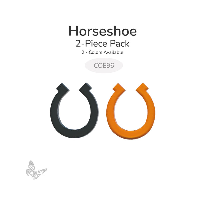 Black and amber horseshoe-shaped fusible glass cutouts with two color options available, COE96.
