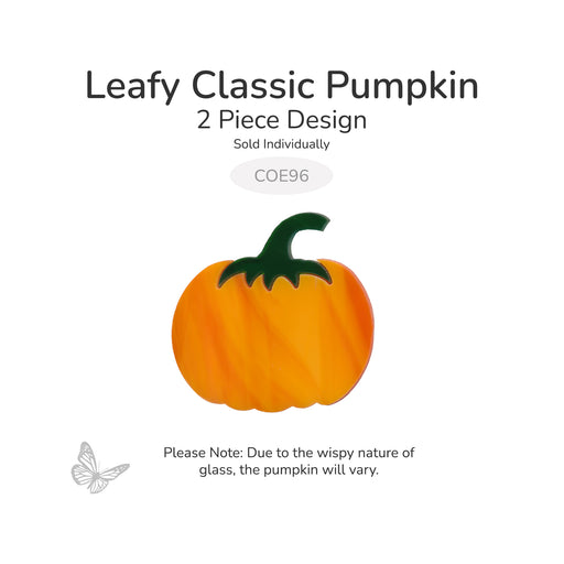 Leafy Classic Pumpkin precut glass design with a wispy orange pumpkin and dark green leafy stem. Two-piece Oceanside COE96 design for fused glass and mosaic projects.