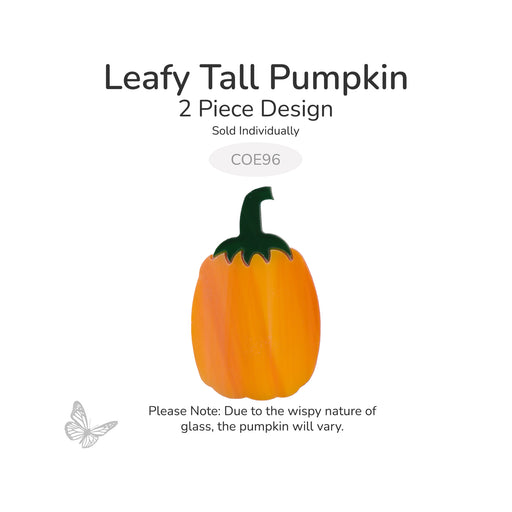 Leafy Tall Pumpkin precut glass design featuring a wispy orange pumpkin with a dark green leafy stem. Two-piece Bullseye COE96 design for fused glass and mosaic projects.