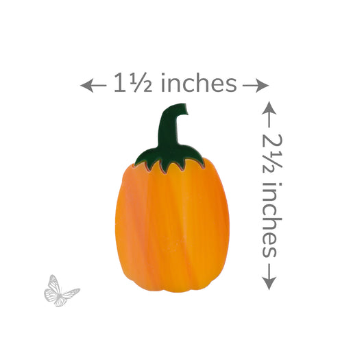 Leafy Tall Pumpkin two-piece COE96 glass design measuring approximately 1 1/2 inches wide by 2 1/2 inches tall, with an orange pumpkin and green leafy stem.