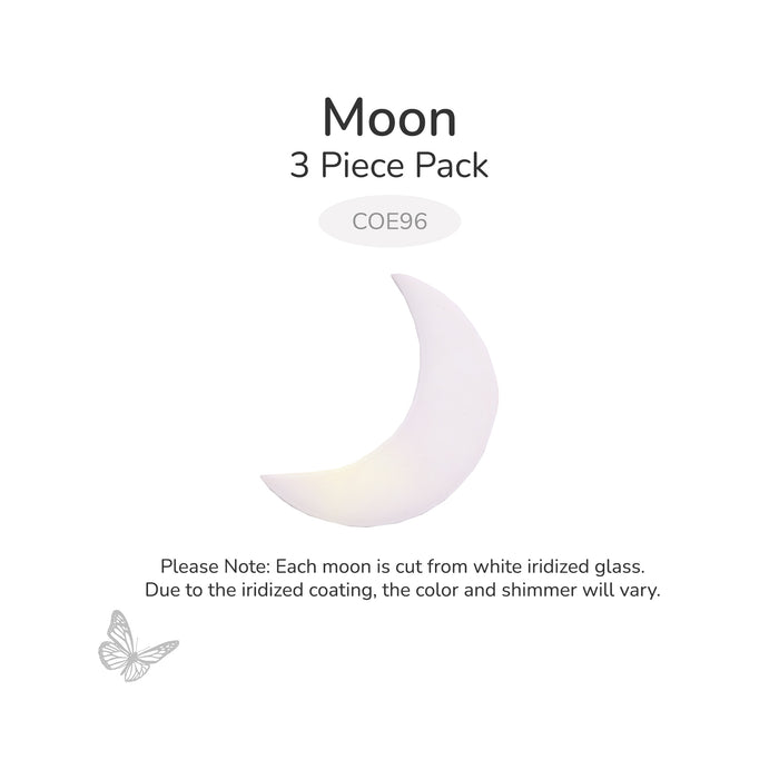 Three-pack of precut white iridized crescent moon glass shapes for COE96 fused glass projects. Each moon is precision waterjet cut, and the iridescent finish varies naturally.