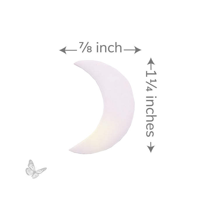 Precut white iridized crescent moon glass shape measuring approximately 7/8 inch wide by 1 1/4 inches tall. COE96 compatible for fused glass and mosaic art.