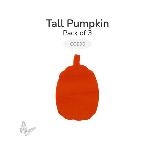 Pack of three precut Tall Pumpkin glass shapes for COE96 fused glass projects. Each pumpkin is precision waterjet cut from Oceanside orange fusible glass with a classic tall pumpkin silhouette.