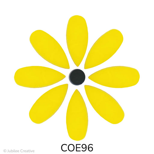 image of a fusible glass black-eyed susan flower with yellow petals and a black center - COE96