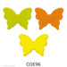 image of a precut glass three butterflies with pointed bottom wings.  Shown in opaque green, orange, and yellow - COE90