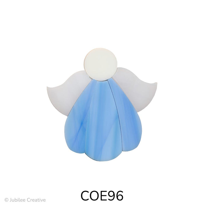 image of three fusible precut glass angles each one has an ivory head, white wispy wings and a blue dress - COE96