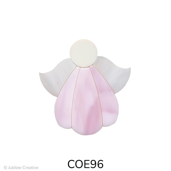 image of three fusible precut glass angles each one has an ivory head, white wispy wings and a pink dress - COE96