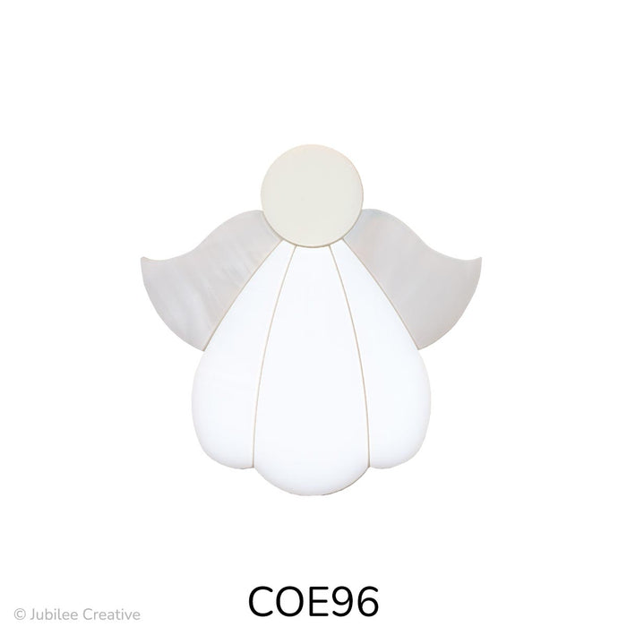 image of three fusible precut glass angles each one has an ivory head, white wispy wings and a white dress - COE96