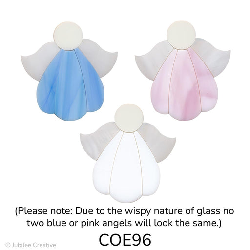 image of three fusible precut glass angles each one has an ivory head, white wispy wings, and a blue, pink, or white dress COE96