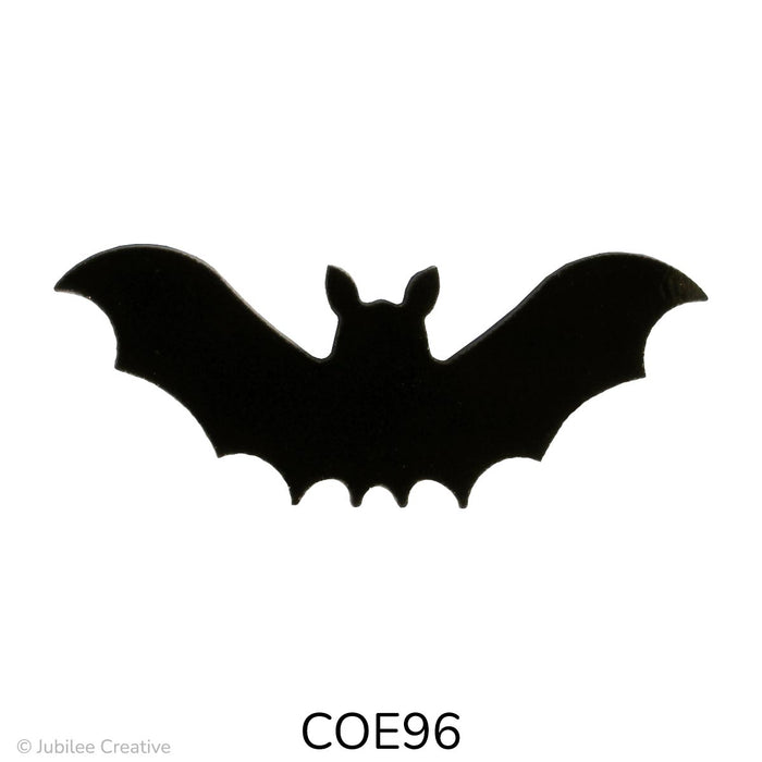 images of a precut fusible black glass bat with ears and his wings spread wide - COE96