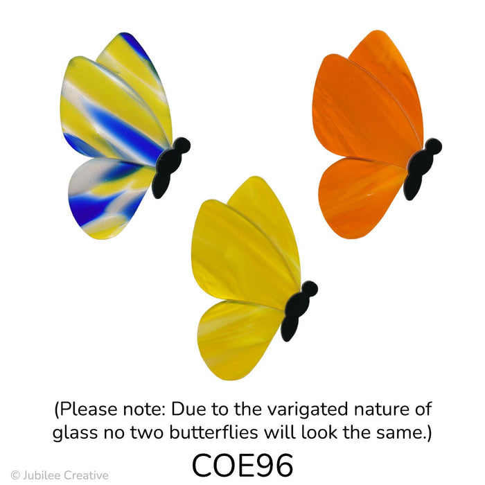 image of a three fusible precut glass side view butterflies with a black body.  There are three colors, blue/yellow, orange wispy, and yellow wispy - COE96