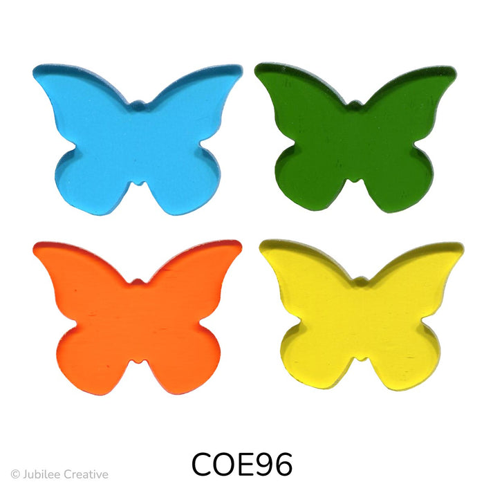 image of a precut glass four butterflies with rounded bottom wings.  Shown in blue, green, orange, and yellow - COE96