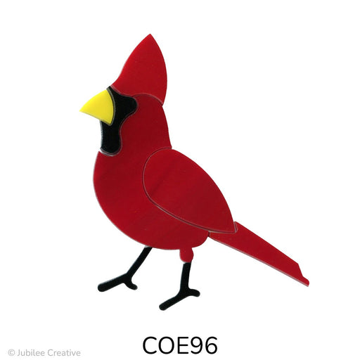 image of a fusible precut opaque red glass cardinal bird with a yellow beak and black face and legs - COE96