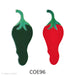 image of two fusible precut glass chili peppers. one is green and one is red. both have a dark green top. COE96