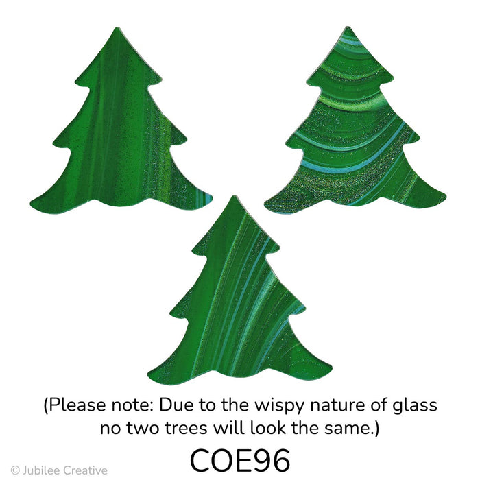 image of three fusible precut glass wispy green with white Christmas trees to show variation in color - COE96