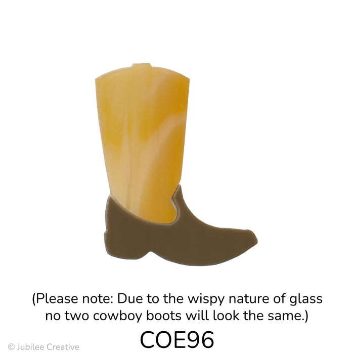 image of a two-piece fusible precut glass cowboy boot with a light amber top and dark brown bottom - COE96