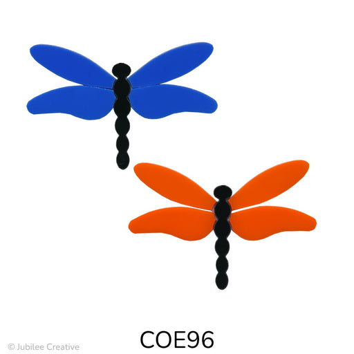 image of a two precut glass dragonflies with a black body and wings in opaque blue or opaque orange - COE96