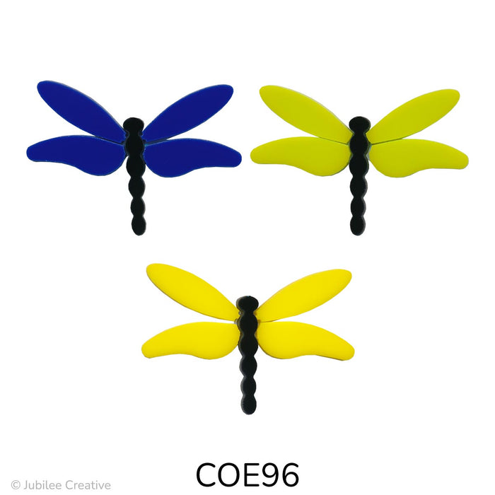 image of a three precut glass dragonflies with a black body and wings in blue, or green, or yellow - COE96