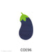 Image shows a stylized glass eggplant with a curved, oblong shape. The body is purple with a green leafy cap and a small stem at the top. COE96