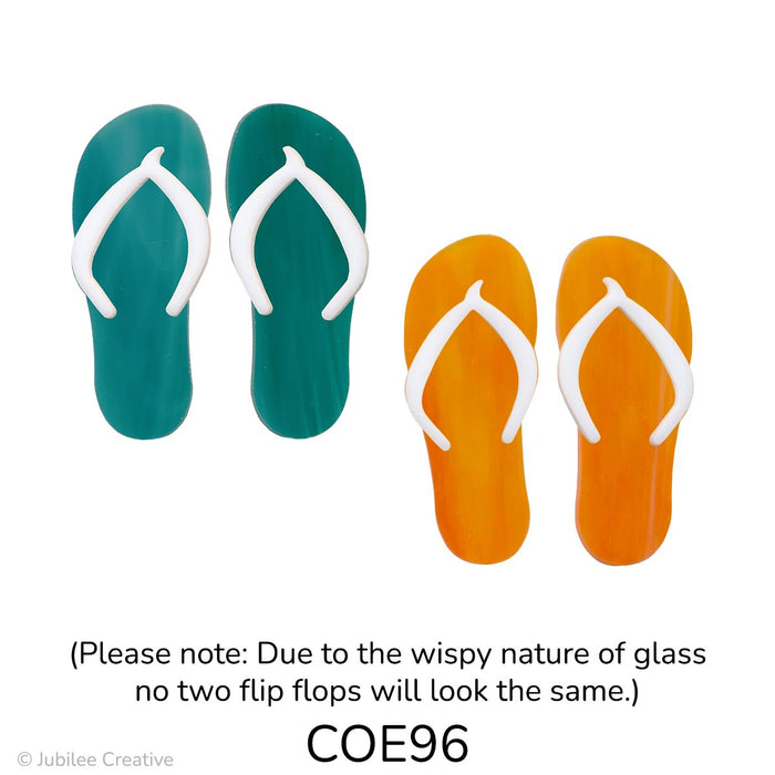 image of two sets of fusible precut glass flip flops. One set has white thongs on a teal wispy base the other has white thongs on an orange wispy base - COE96