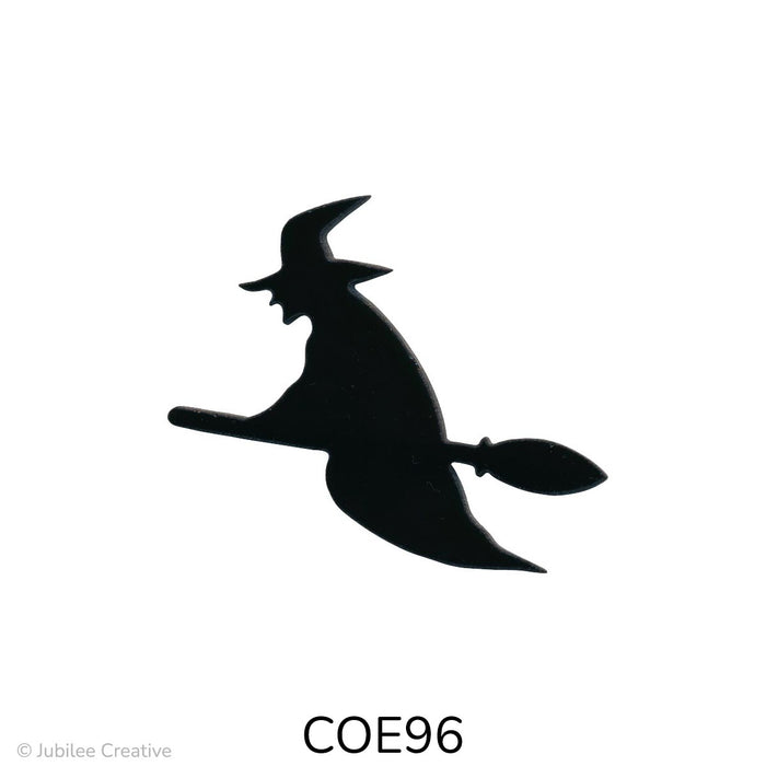 image of a fusible precut black glass Witch flying on a broom - COE96