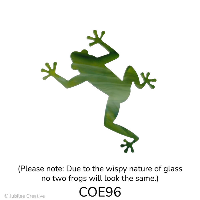 images of a fusible precut glass frog with four legs with four toes on each leg.  Its color is a mix of yellow and deep green - COE96