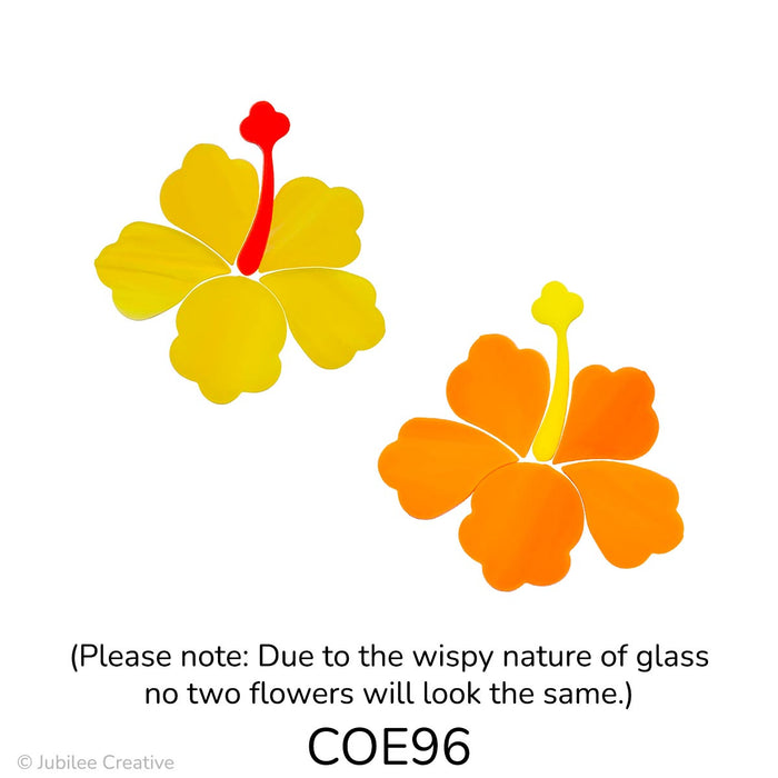 image of a two fusible precut glass hibiscus flower - one flower is yellow with a red orange stamen and the other is an orange flower with a yellow stamen - COE96