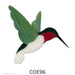 image of a precut glass hummingbird with a tan body, green wings, red throat, and black beak - COE96