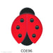 image of a precut fusible glass ladybug with a black head, tail, and dots on a translucent red body - COE90