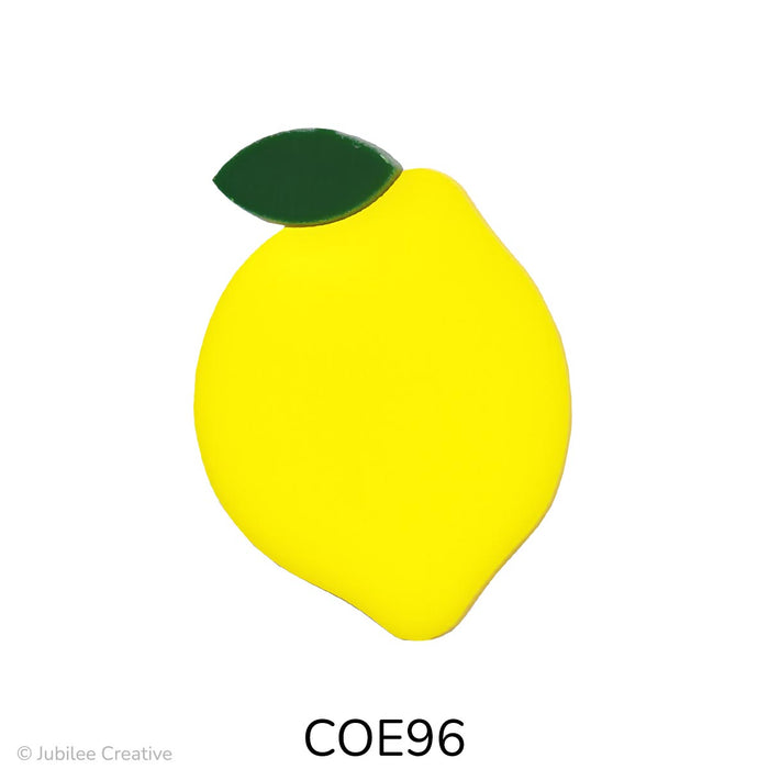 image of a fusible precut yellow glass lemon with a dark green leaf - COE96