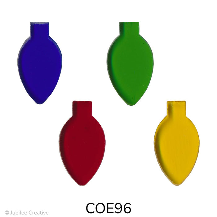 fusible precut glass light bulbs shown in four different translucent colors, blue, green, red, and yellow - COE96