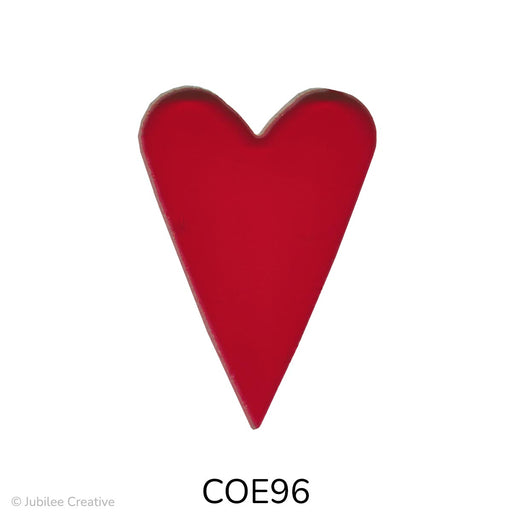 COE96 fusible precut glass long heart in the color translucent red.