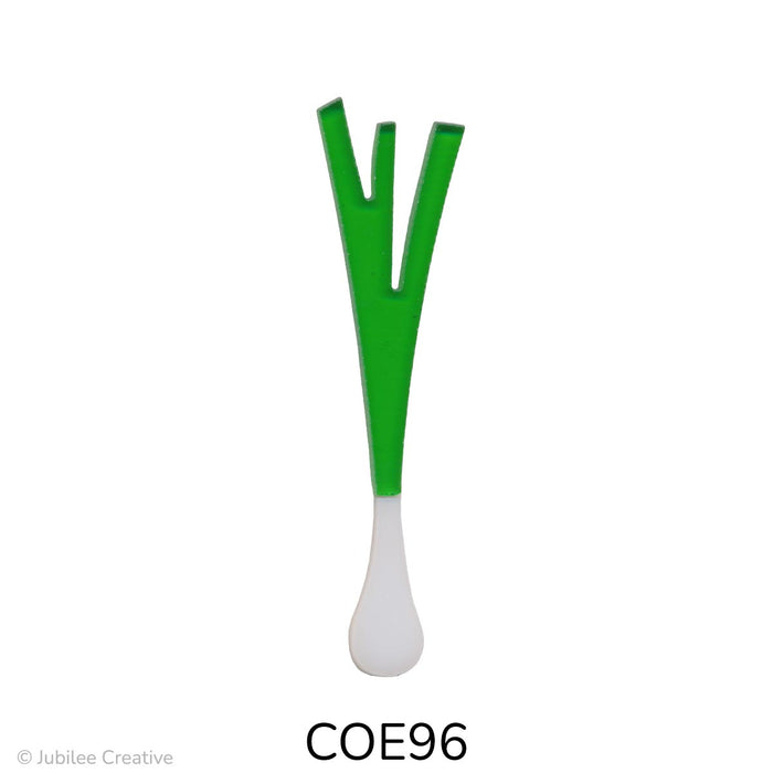 image of a fusible precut glass green onion.  it has a translucent green top with a white onion on the bottom - COE96