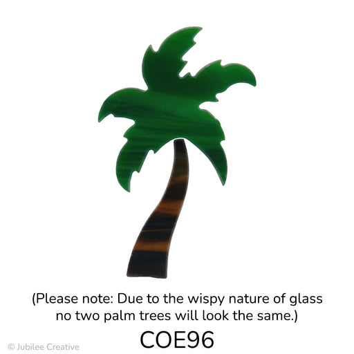 image of a fusible precut glass palm tree with wispy green leaves and a wispy brown trunk - COE96