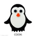 image of a fusible precut glass penguin. He is black with a white belly, black eyes, and an orange nose COE96