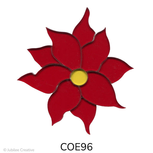 image of a fusible precut glass poinsettia that features nine red flower petals and a yellow center - COE96