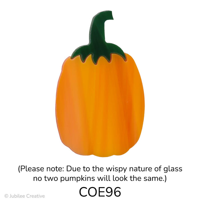 image of a fusible precut glass pumpkin oblong in shape. The orange pumpkin has a green stem. COE96