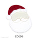 image of a fusible precut glass Santa face featuring a classic red hat with white fur trim, a warm tan face, and a fluffy white mustache and beard - COE96