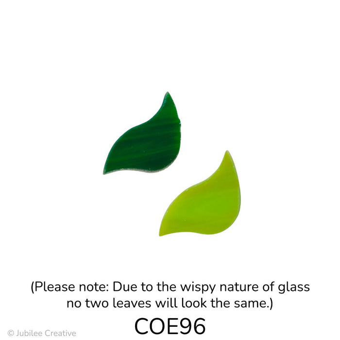 image of two small fusible precut glass leaf. One leaf is wispy dark green and the other is wispy light green - COE96