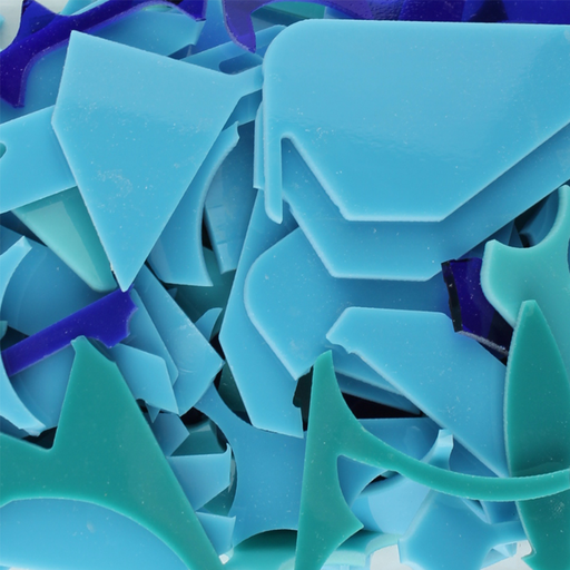 images of blue pieces of waterjet cut scrap glass -COE96