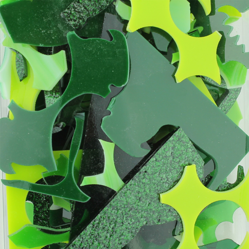 images of green pieces of waterjet cut scrap glass -COE96