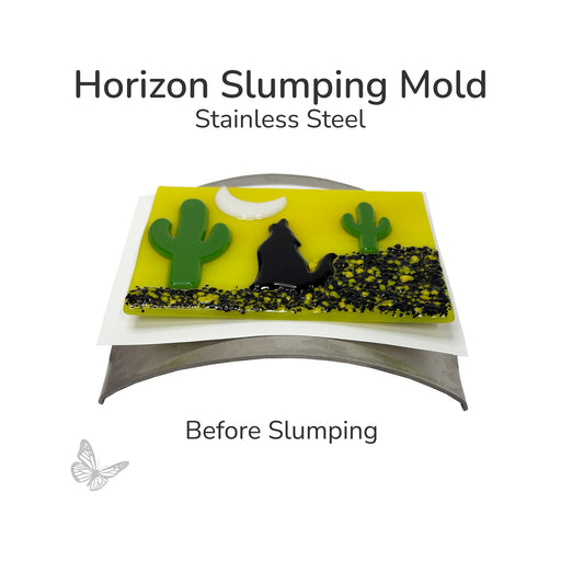 Flat fused glass panel positioned on Horizon stainless steel slumping mold before firing