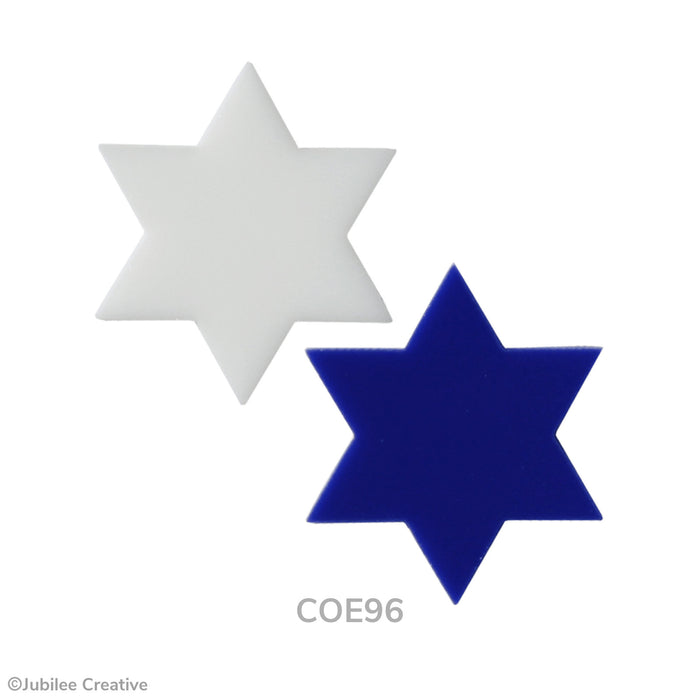 COE96 fusible precut glass Star of David in the colors opaque white and opaque blue. Sold separately.