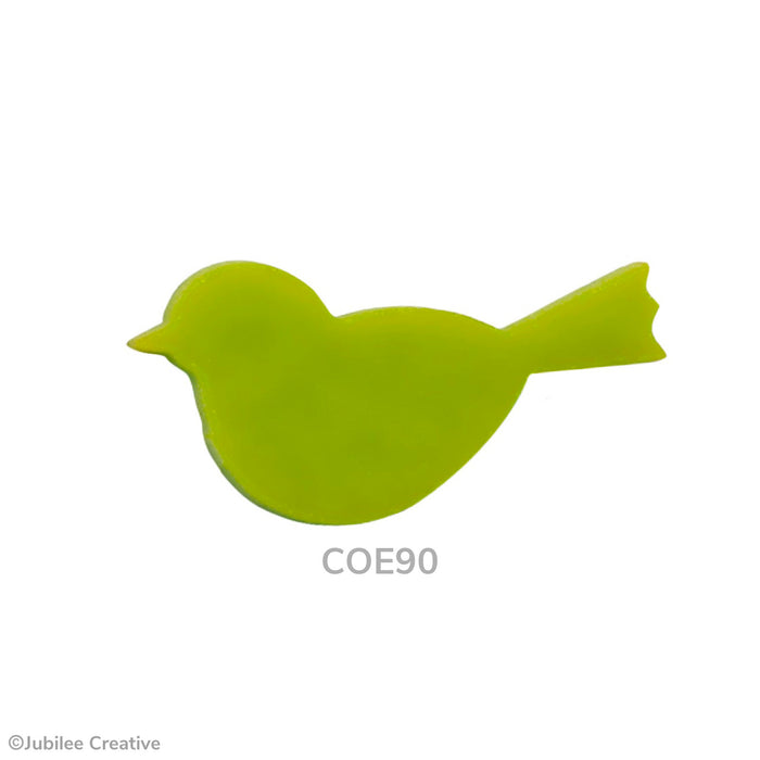 COE90 fusible precut glass bird in the color opaque green.